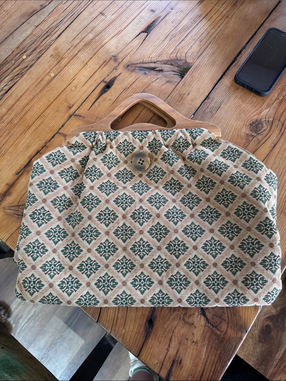 Beige & Green Patterned Handbag with Wooden Handles Ohio Valley Bags